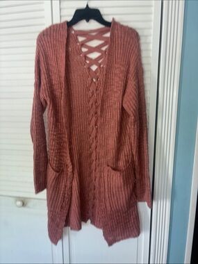 Open-Front Lace-Up Back Long Cardigan Sweater in Dusty Rose